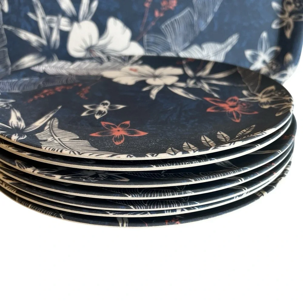 Tropical Hibiscus Tiki Blue Melamine Tray + 7 Dinner Plates Caribbean Joe‎